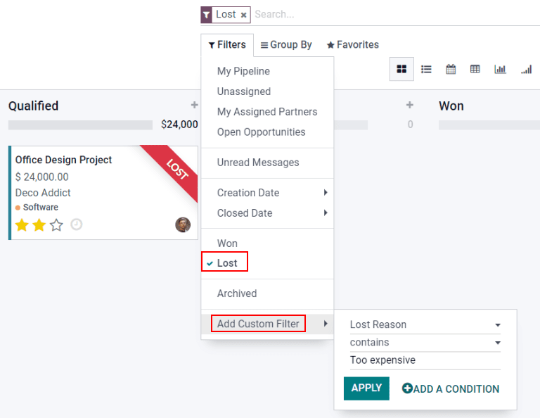 Suchleiste mit benutzerdefinierten Filtern für Verlustgrund hinzugefügt.