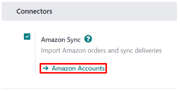 Der Link „Amazon-Konten“ unterhalb der Amazon-Synchronisierungseinstellungen in Odoo Verkauf.