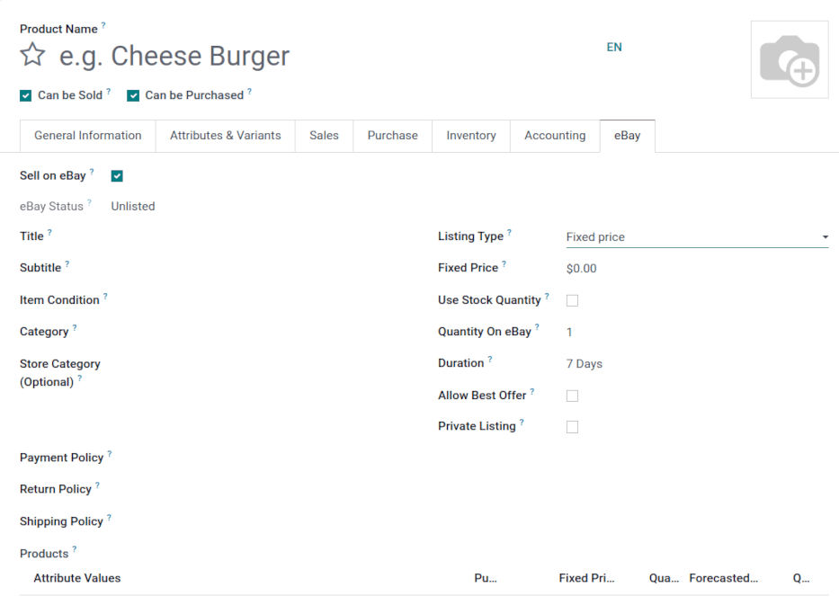 Das eBay-Vorlagenformular in der Produktvorlage in Odoo.