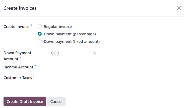 Pop-up-Fenster zum Erstellen von Rechnungen in Odoo Verkauf.