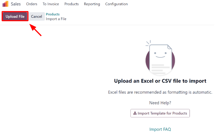 Die Schaltfläche „Datei hochladen“ auf der Downloadseite für Import von Produktvorlagen in Odoo Verkauf.