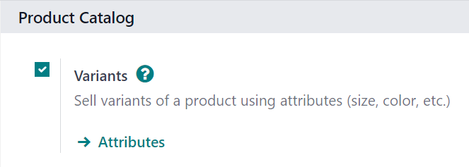 Aktivierung der Produktvarianten auf der Einstellungsseite der Odoo-Verkaufsapp.