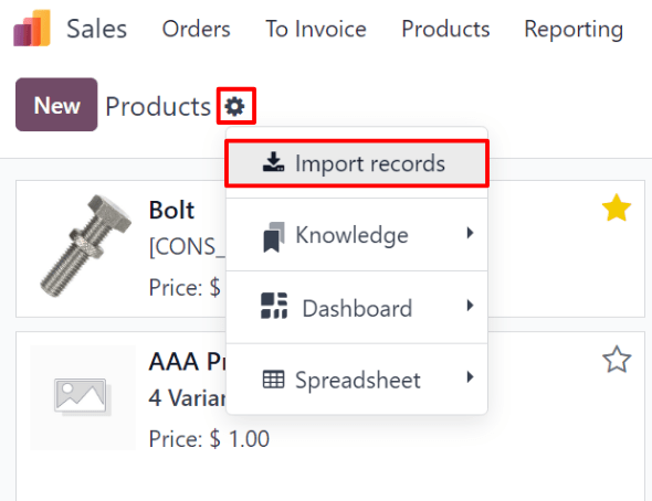 Die auswählbare Option „Datensätze importieren“ aus dem Zahnradsymbol auf der Seite „Produkte“ in Odoo Verkauf.