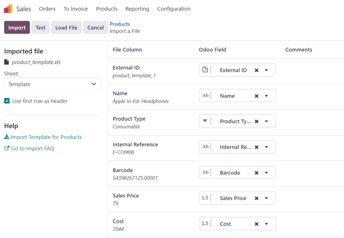 Die Seite zum Importieren einer Datei in Odoo Verkauf nachdem eine Produktvorlage hochgeladen wurde.