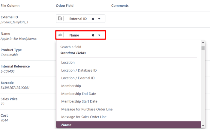 Das Dropdown-Menü „Odoo-Feld“ neben der Feldspalte, die manuell angepasst werden muss.