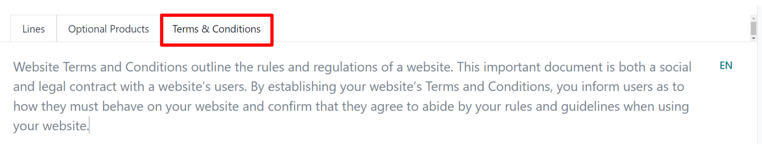 Terms and conditions tab in a quotation template form in Odoo Sales.