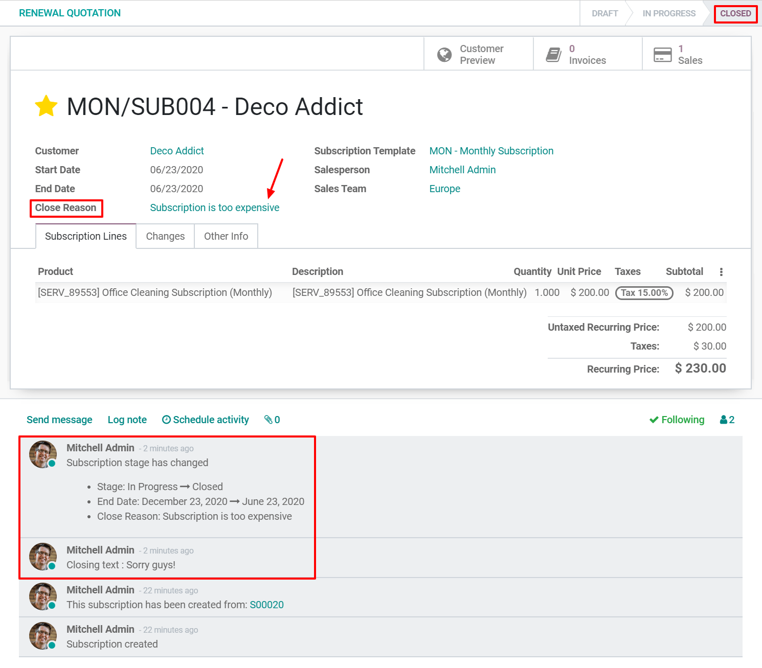 Was passiert, wenn Kunden ihr Abonnement in Odoo Abonnements beenden?