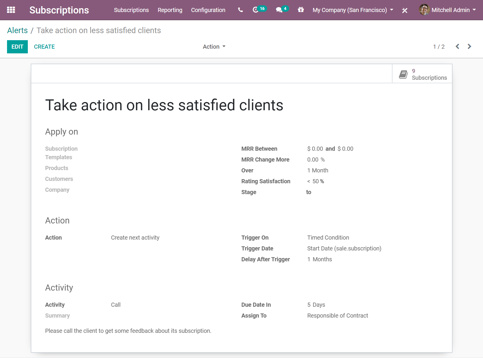 Einen bestehenden automaitschen Alarm in Odoo Abonnements bearbeiten