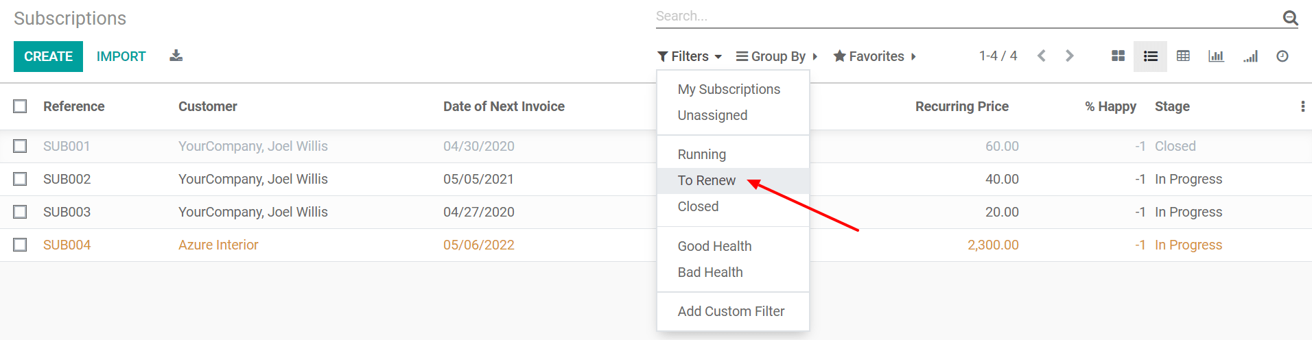 Listenansicht aller Abonnements und Verwendung des Filters zur Erneuerung in Odoo Abonnements