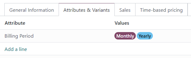 Wiederholungsperioden, die als Produktvarianten im Reiter „Attribute & Varianten“ des des Produktformulars konfiguriert sind.