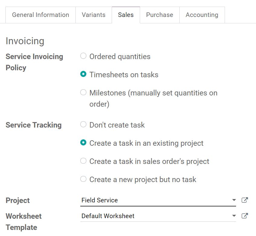 Produktkonfiguration zur Erstellung von Aufgaben aus Verkaufsaufträgen in Odoo Außendienst.