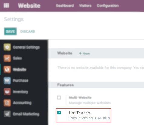 Vue de la page des paramètres de Site Web mettant en évidence le champ des trackers de liens dans Odoo Site Web
