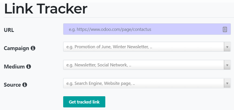 Vue des champs du tracker de liens pour Odoo Site Web