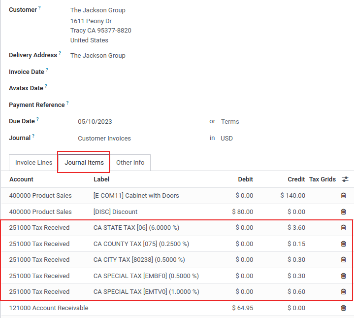 Journal items highlighted on a invoice in Odoo.