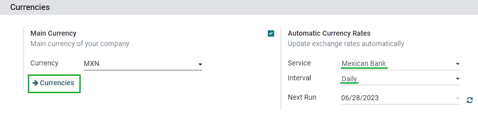 Multi-currency configuration in the Accounting settings.