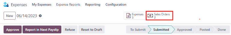 Une fois le rapport de note de frais enregistré dans la pièce comptable, vous pouvez accéder à la commande en cliquant sur le numéro de la commande.