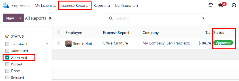 Visualisez les rapports à comptabiliser en cliquant sur les rapports de notes de frais, puis rapports à comptabiliser.