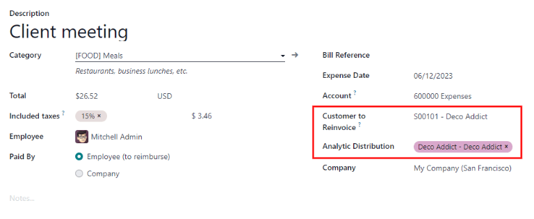 Assurez-vous que le client à refacturer est défini sur la note de frais.