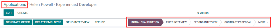 Change the stage of an applicant by clicking on the desired stage at the top of the applicant's card.