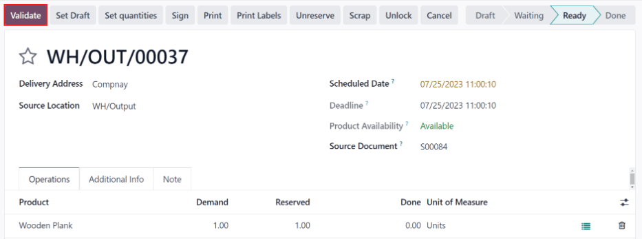 Cliquez sur Valider sur le bon de livraison pour transférer le produit de l'emplacement de sortie vers l'emplacement client.