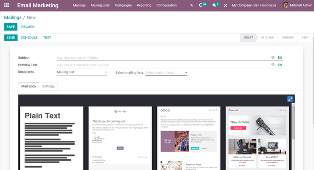 Vue d'un formulaire détaillé d'email vierge dans l'application Email Marketing d'Odoo.