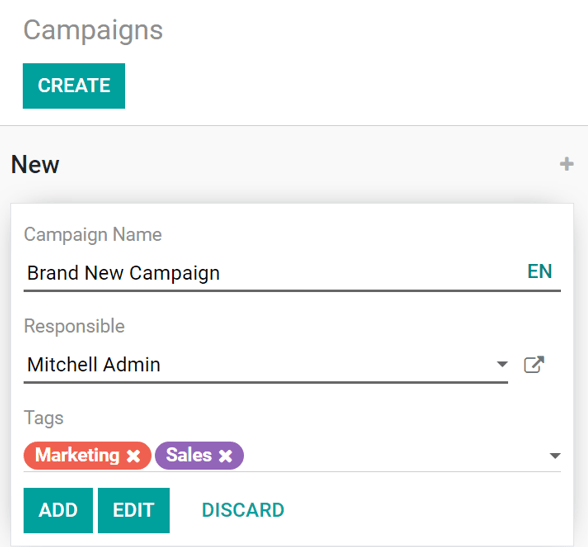 Vue de la fenêtre contextuelle de campagne dans Odoo Email Marketing.