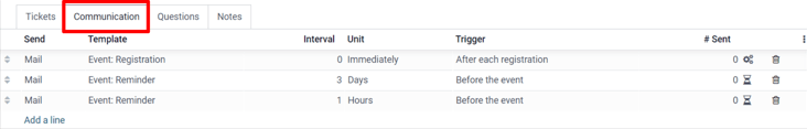 Vue de l'onglet Communication dans Odoo Événements.