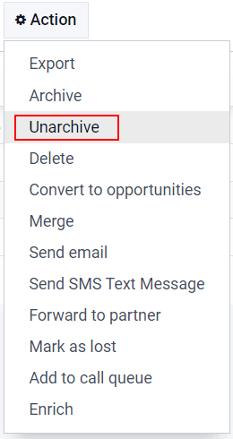 Bouton d'action de la vue de liste avec l'option Désarchiver mise en évidence.