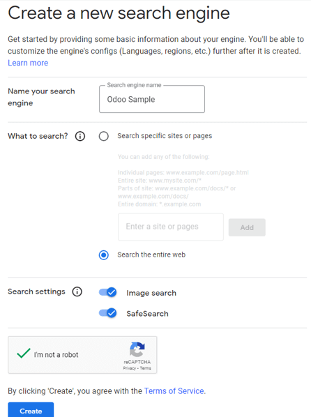 Le formulaire Créer un nouveau moteur de recherche s'affiche avec les configurations du moteur de recherche.