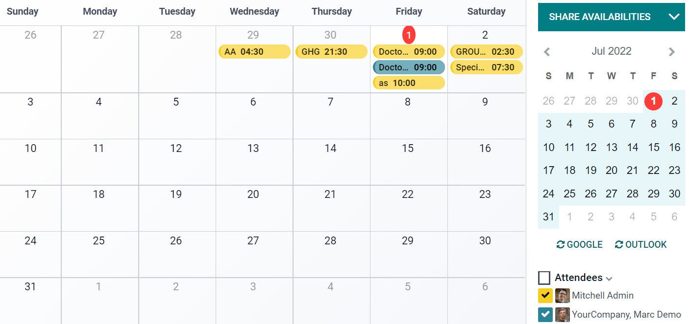 Vue Calendrier du modèle d'un événement