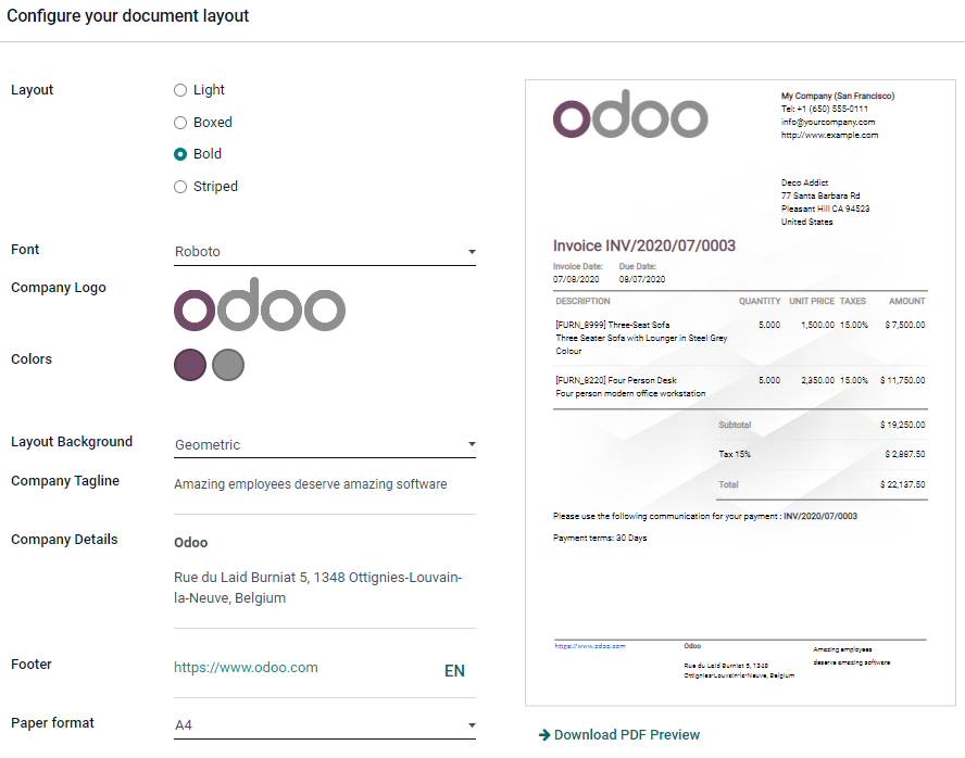 Fenêtre contextuelle de configuration de la mise en page par défaut des rapports PDF