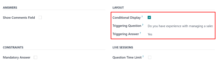 The layout field when properly configured for a conditional question.