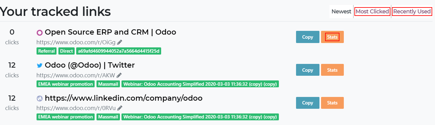 Odoo 웹사이트의 통계 버튼이 강조된 추적 목록 보기