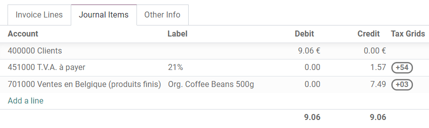 Odoo 회계에서 거래 기록에 사용하는 세금표를 확인하세요.