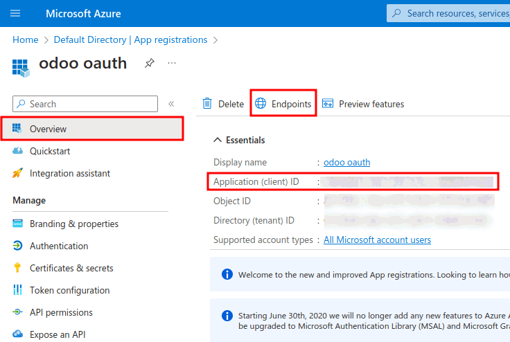 애플리케이션 ID 및 OAuth 2.0 인증 엔드포인트(v2) 자격 증명.