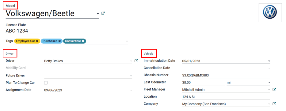 차량 세금 항목이 표시되어 있는 새로운 차량 양식