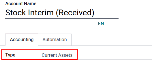 Display account setup page, highlighting the **Type** field.