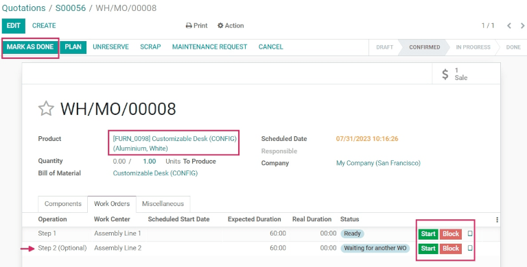 BoM 품목의 세부사항 품목에 대한 제조 주문.