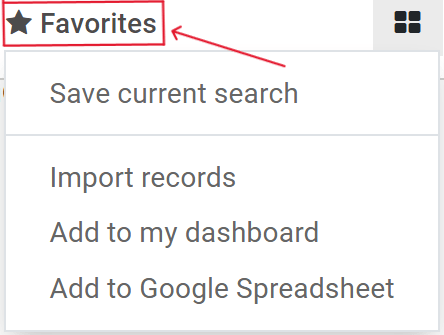 Odoo 이메일 마케팅 애플리케이션의 즐겨찾기 드롭다운 메뉴 화면