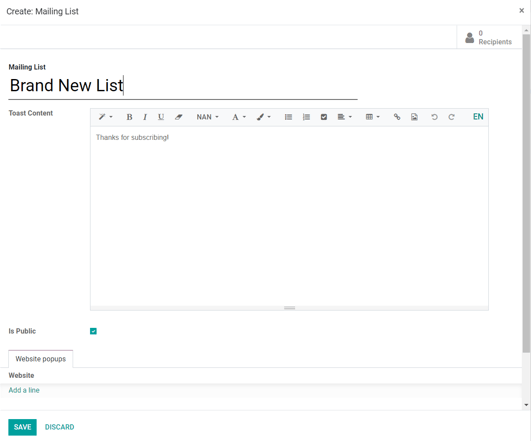 Odoo 이메일 마케팅의 메일링 리스트 생성 및 편집 팝업 화면