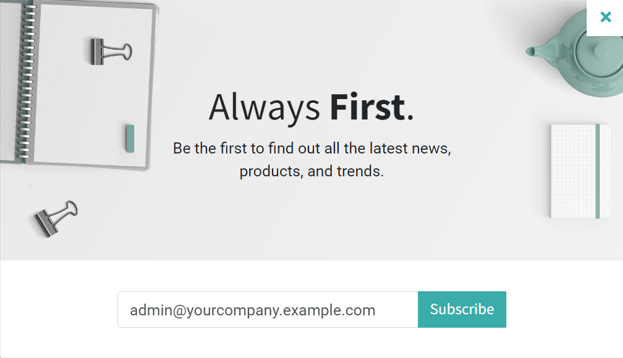 Odoo 웹사이트의 샘플 뉴스레터 팝업 샘플 화면