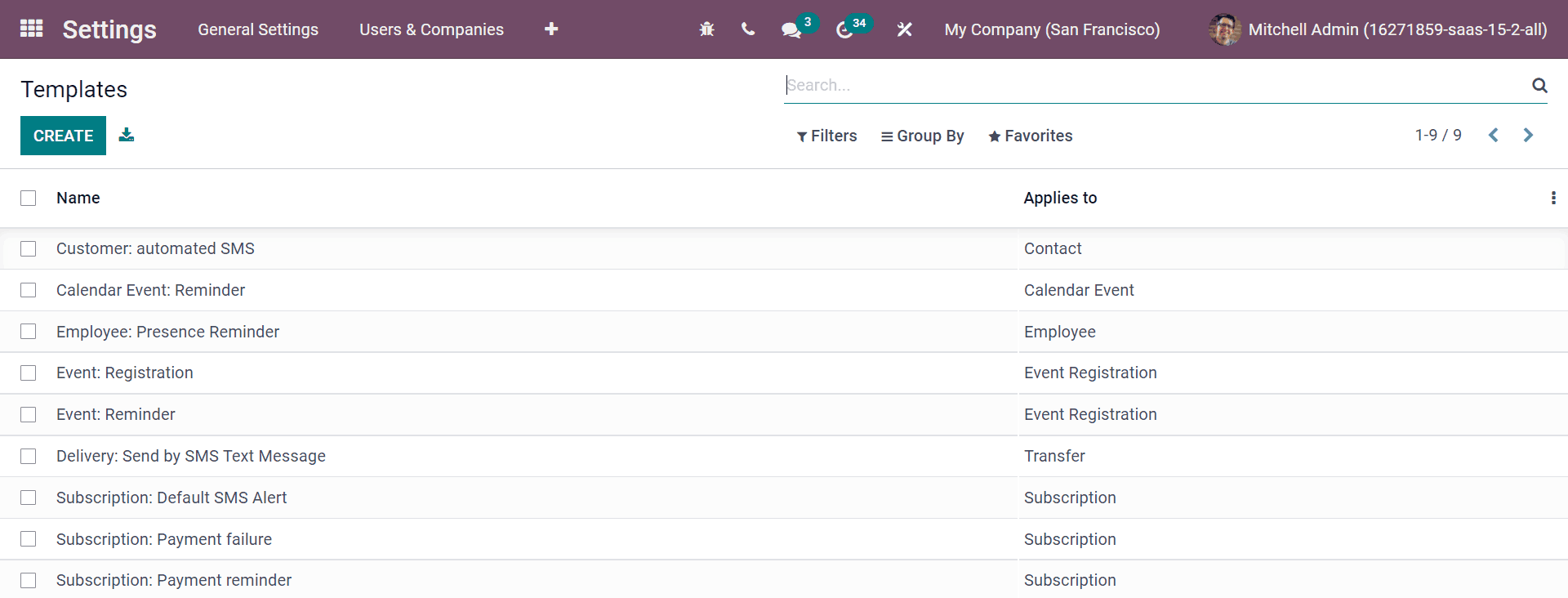 Odoo의 SMS 서식 페이지는 일반 설정에서 개발자 모드를 활성화하면 사용할 수 있습니다.