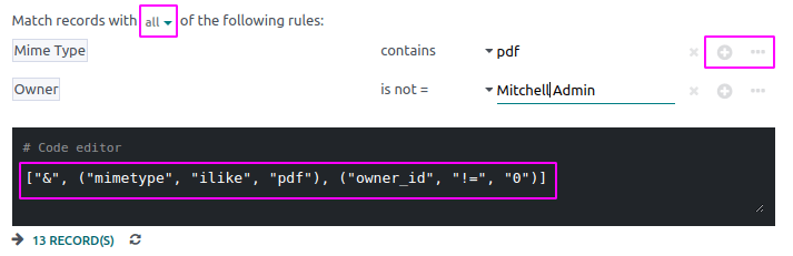 Add a node or a branch to a workflow action's condition in Odoo Documents