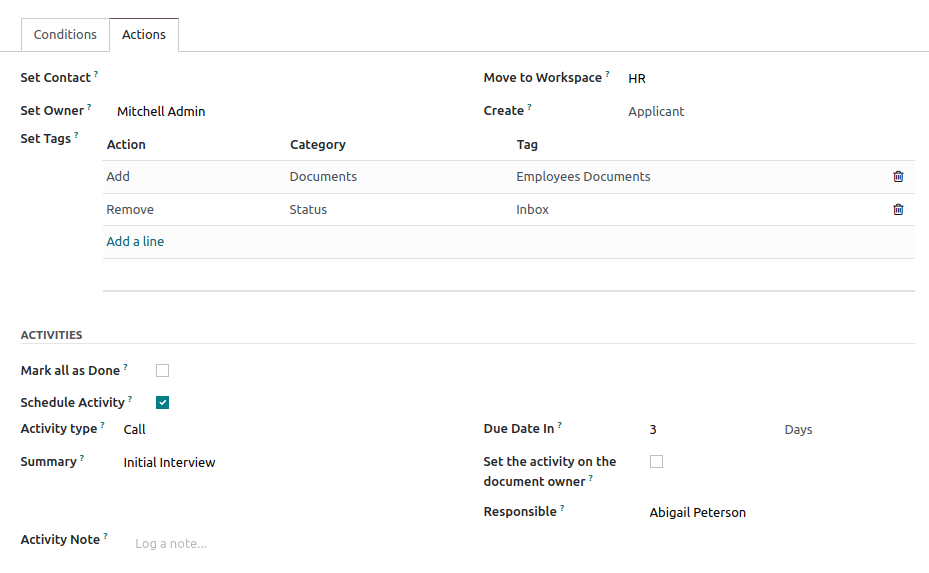 Odoo 문서의 작업 흐름 활동에 대한 예시