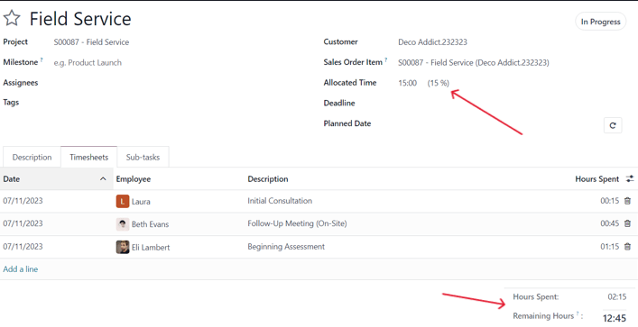 Odoo 판매 및 Odoo 프로젝트 앱에 있는 작업 양식에서 작업시간표 탭이 나타나는 방식.