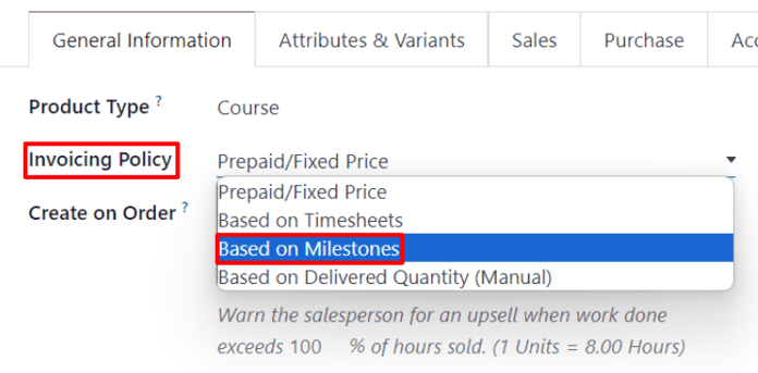 The invoicing policy field drop-down menu with options on product form.