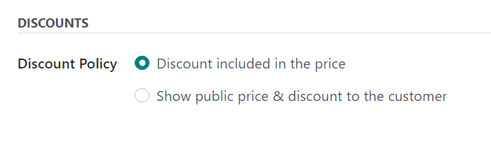 Odoo 판매의 가격표 환경 설정 탭에 있는 할인 옵션
