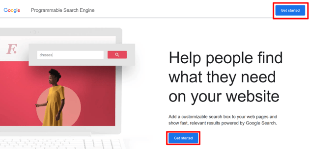 Google Programmable Search Engine page with the Get Started buttons.