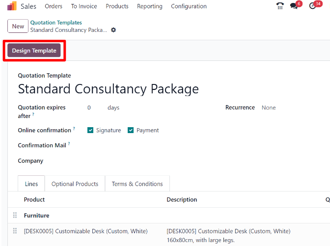 Design template button in the upper-left corner of quotation template form.