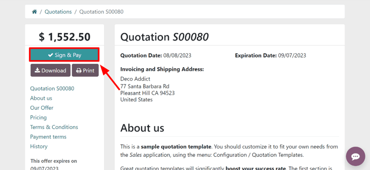 Odoo 판매 앱의 온라인 견적서에 있는 서명 및 결제 버튼